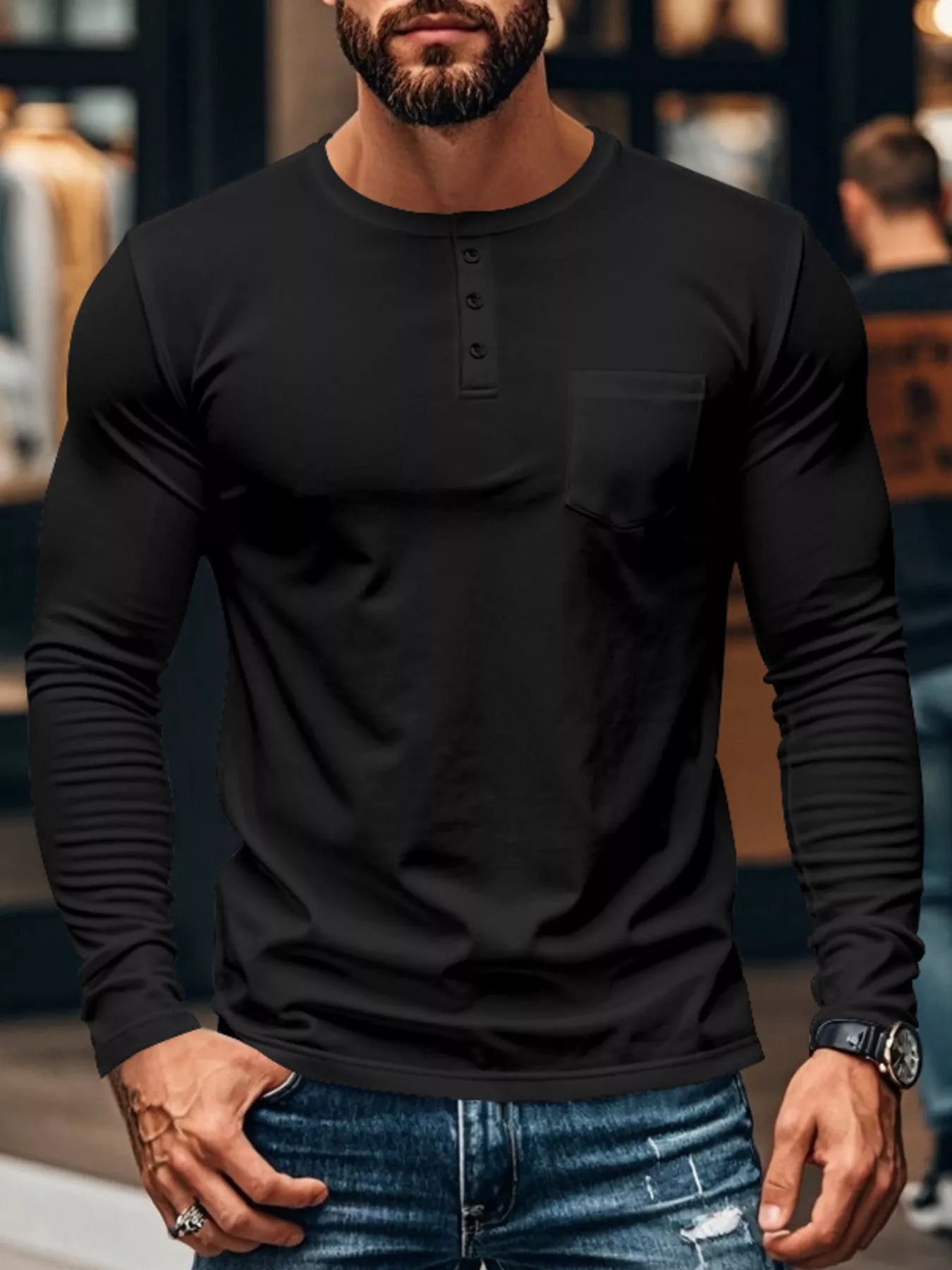 Men's Plus Size Casual Long Sleeve Henley T-Shirt with Pocket - -