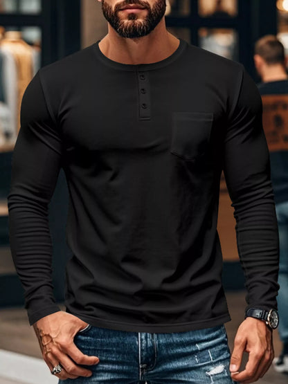 Men's Plus Size Casual Long Sleeve Henley T-Shirt with Pocket - -
