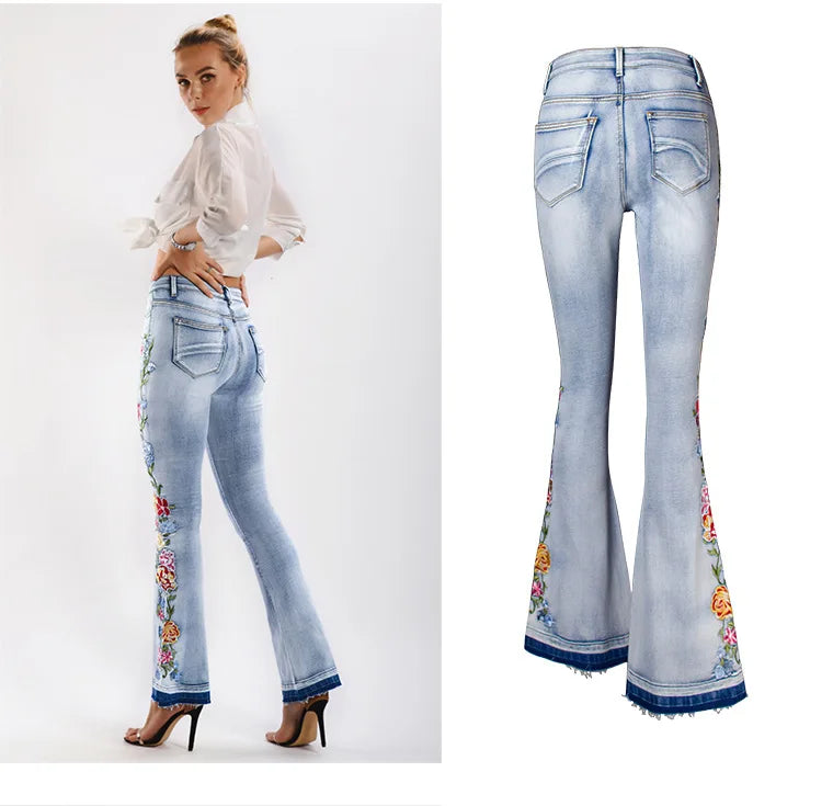 Women Flared Jean Mujer Embroidered Pants Flared Jean Extra Long Floral