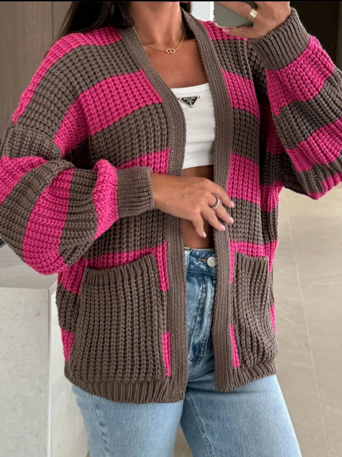 Striped Open Front Long Sleeve Cardigan - Fuchsia Pink -