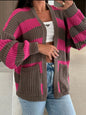 Striped Open Front Long Sleeve Cardigan - Fuchsia Pink -