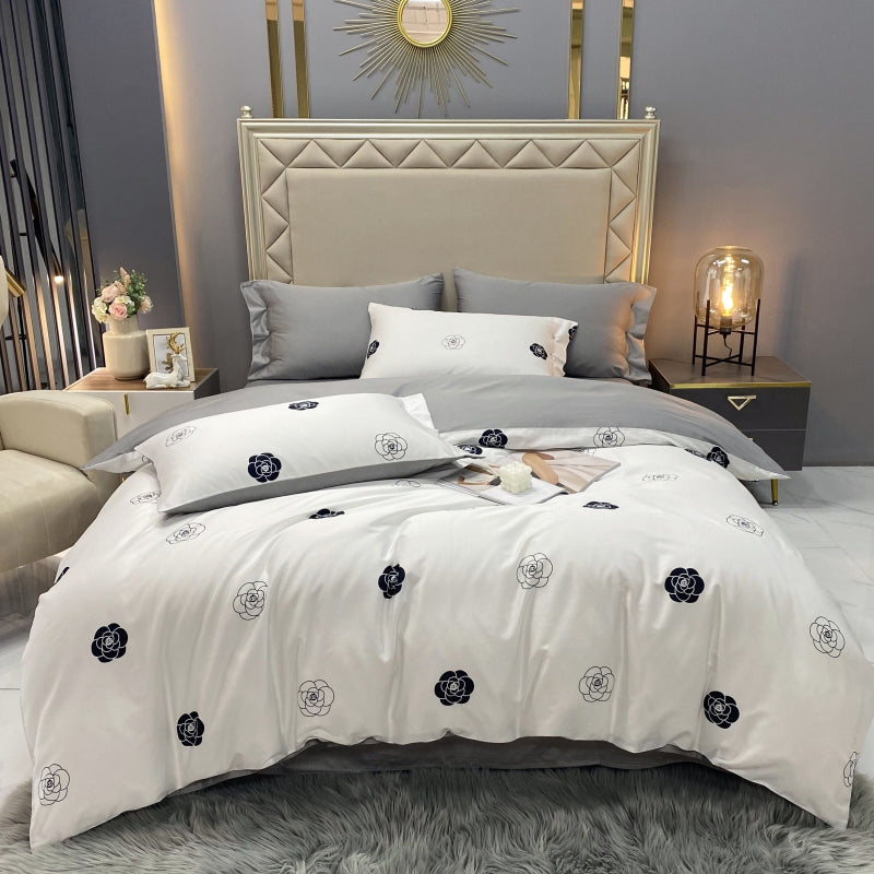 60s 100% Egyptian Organic Cotton White Gray Floral Pattern Bedding Sets