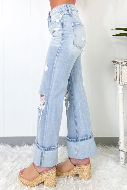 Distressed High Waist Jeans with Pockets - -