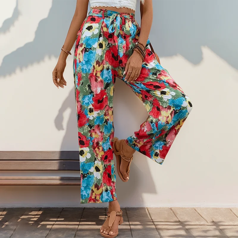 Bohemian Style Printed Lace Up Straight Leg Pants