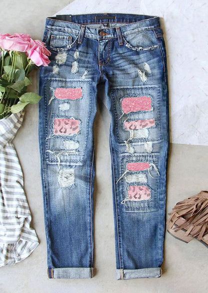 Trendy Slim Fit Cute Print Ladies Jeans - blue S - jeans