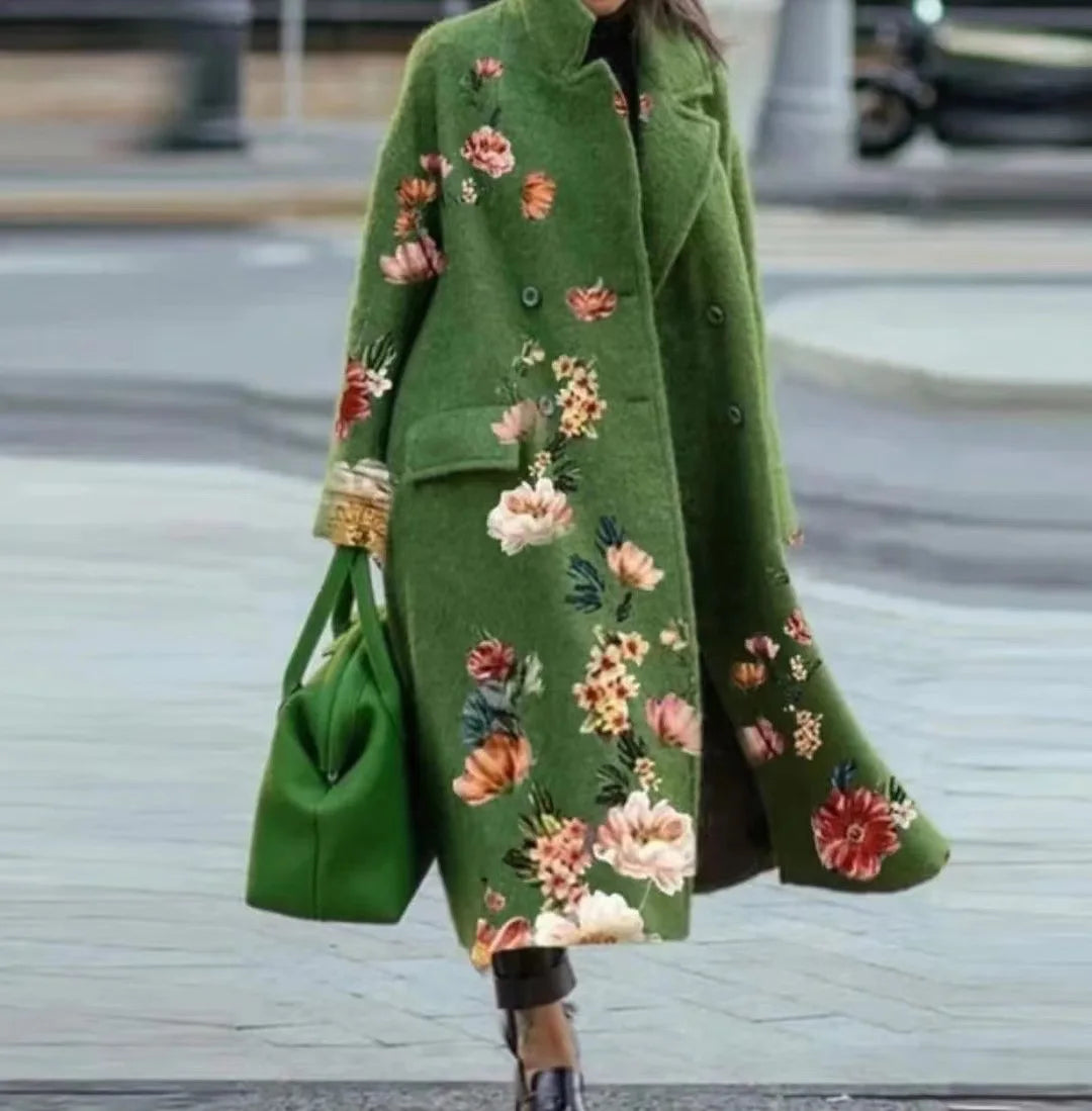 Winter Long Sleeve Lapel Jacket Printed Wool Long Winter Cashmere Coats