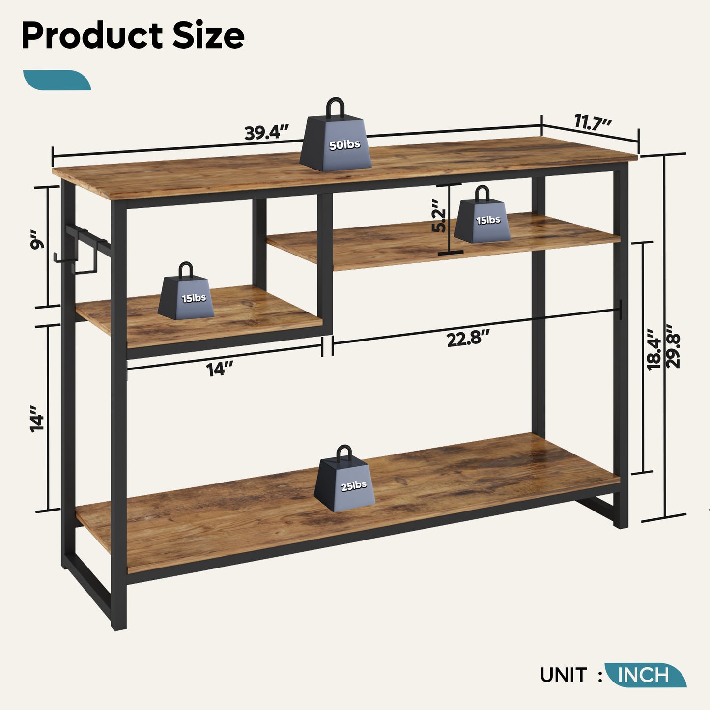 40" Table With Storage Behind With 4 Storage Shelves 2 Hooks