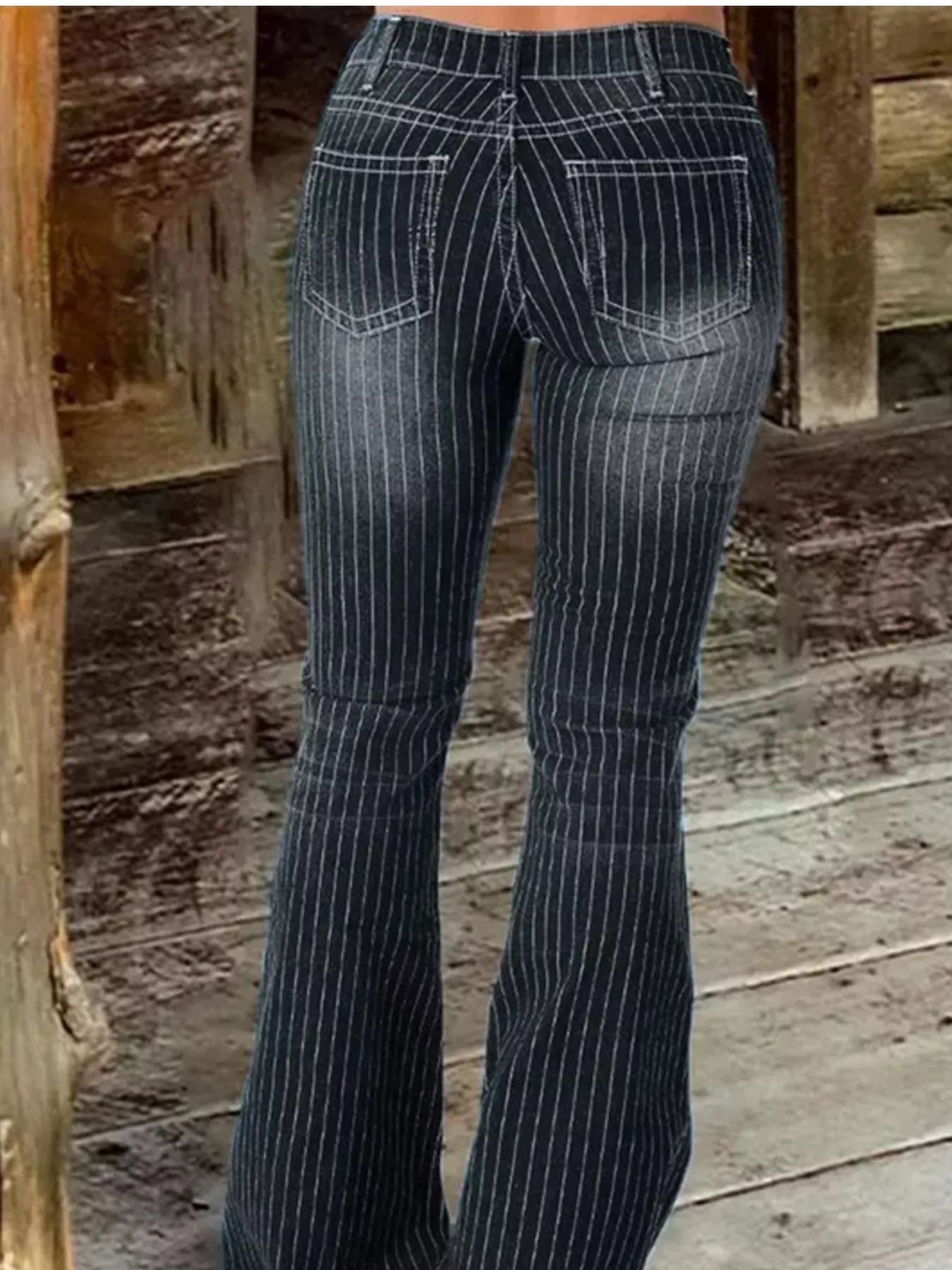 Striped Button Fly Flare Jeans - -