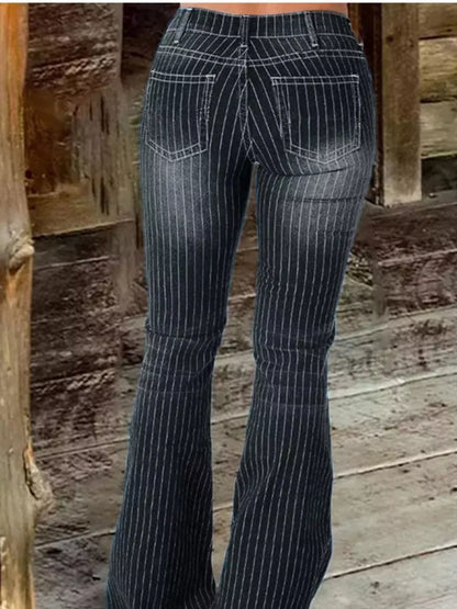 Striped Button Fly Flare Jeans - -