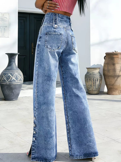 High Waisted Wide Leg Button Fly Blue Jeans - - jeans