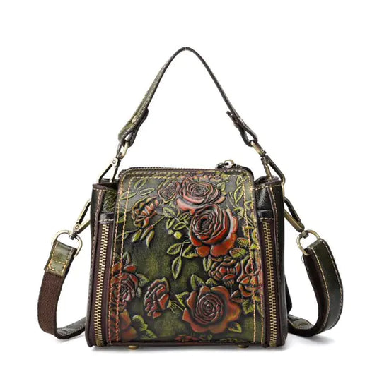 Vintage Genuine Leather Handbag with Floral Design - Green - handbag