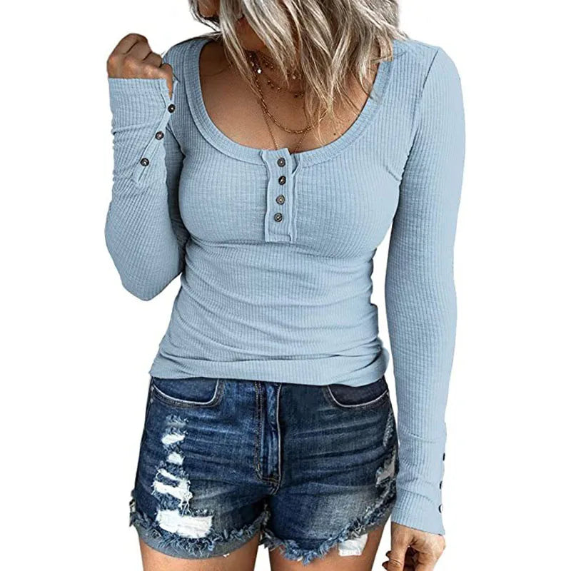 Casual Knit Button Long Sleeve Ladies T Shirt