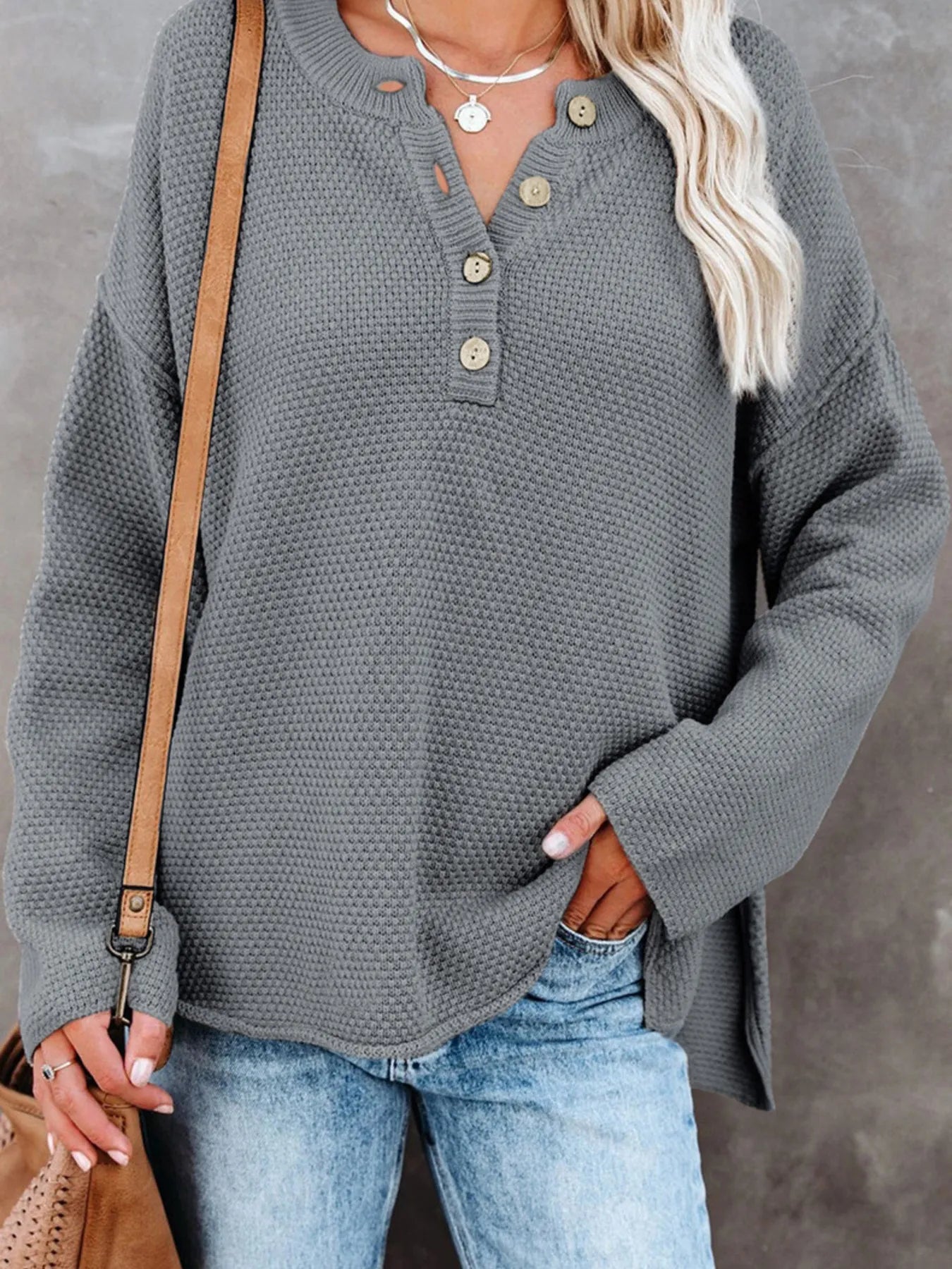 Button Detail Long Sleeve Knit Top - Gray -