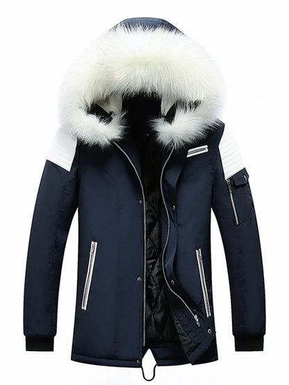 Men's Plus Size Fur Hooded Winter Parka Jacket - Dark Blue -