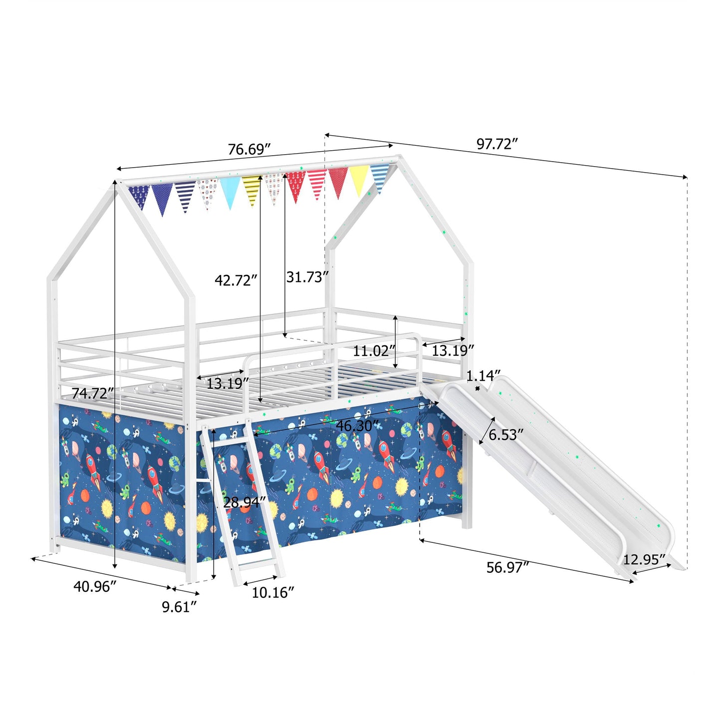 Jack - House Loft Bed With Slide And Curtain Set- HouseOfZazla- {{Product type}}
