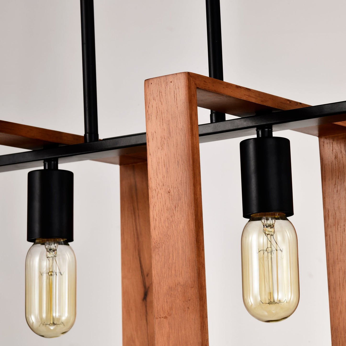 Rustic Wood And Black Metal 4-Light Kitchen Island Dining Room Light Fixture - - light