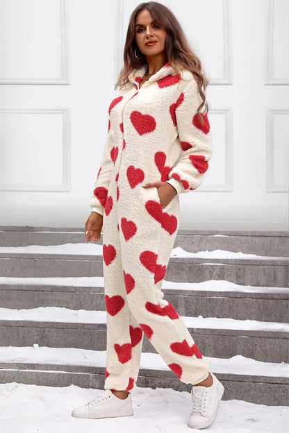 Fuzzy Heart Zip Up Hooded Lounge Jumpsuit - -