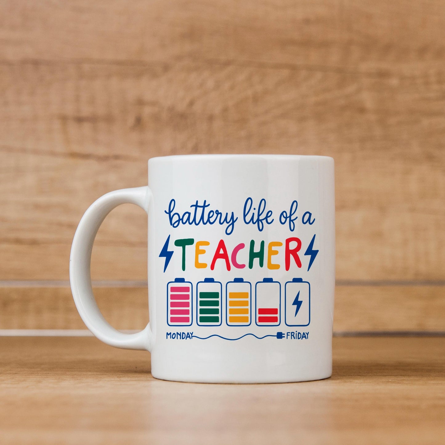 Funny Teacher Mug - Colorful Battery Graphic Ceramic Coffee Cup | Teacher Appreciation Gift - -