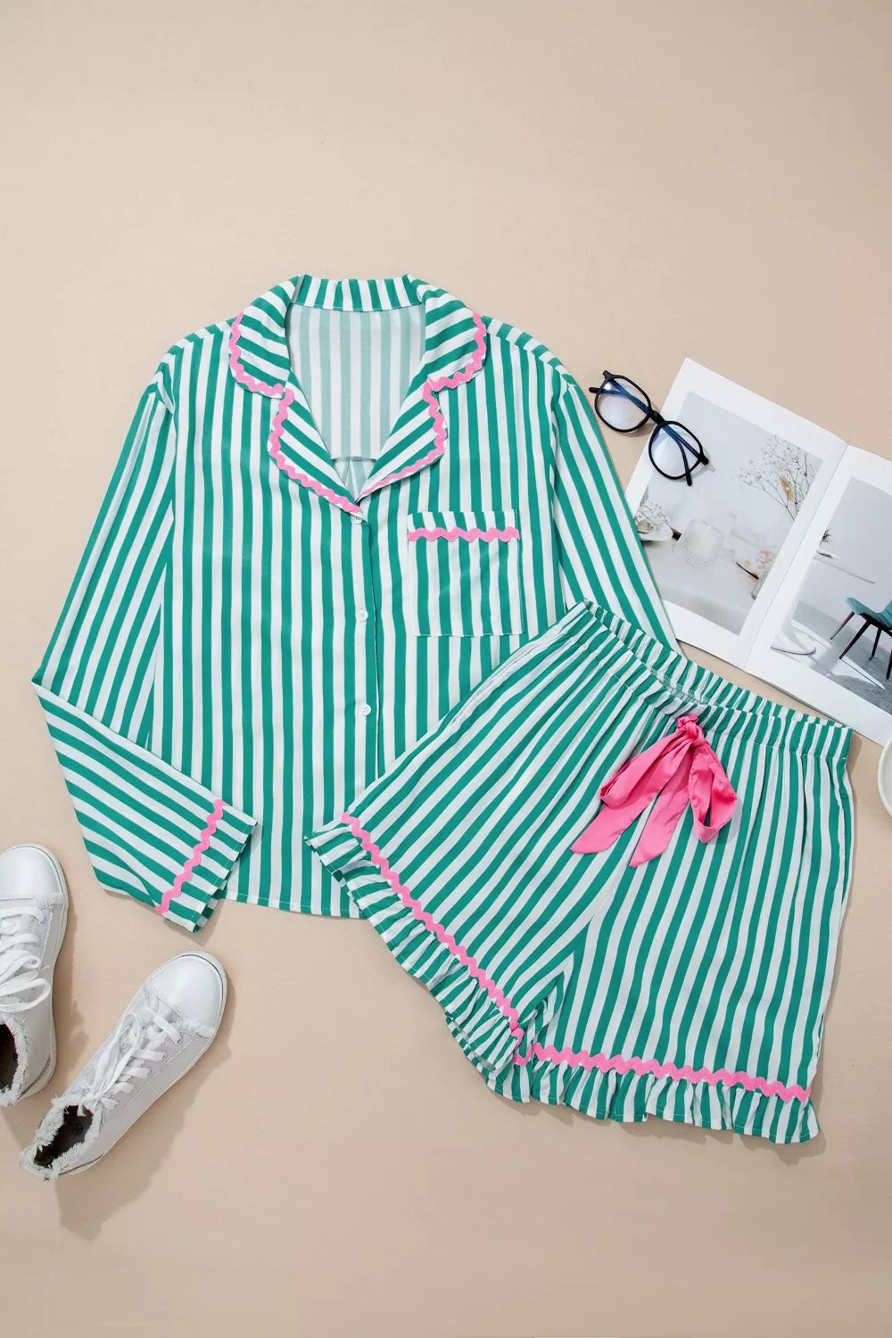 Stripe Contrast Ricrac Trim Long Sleeve Shirt Drawstring Ruffled Pajama Short Set- Shopimist- {{Product type}}