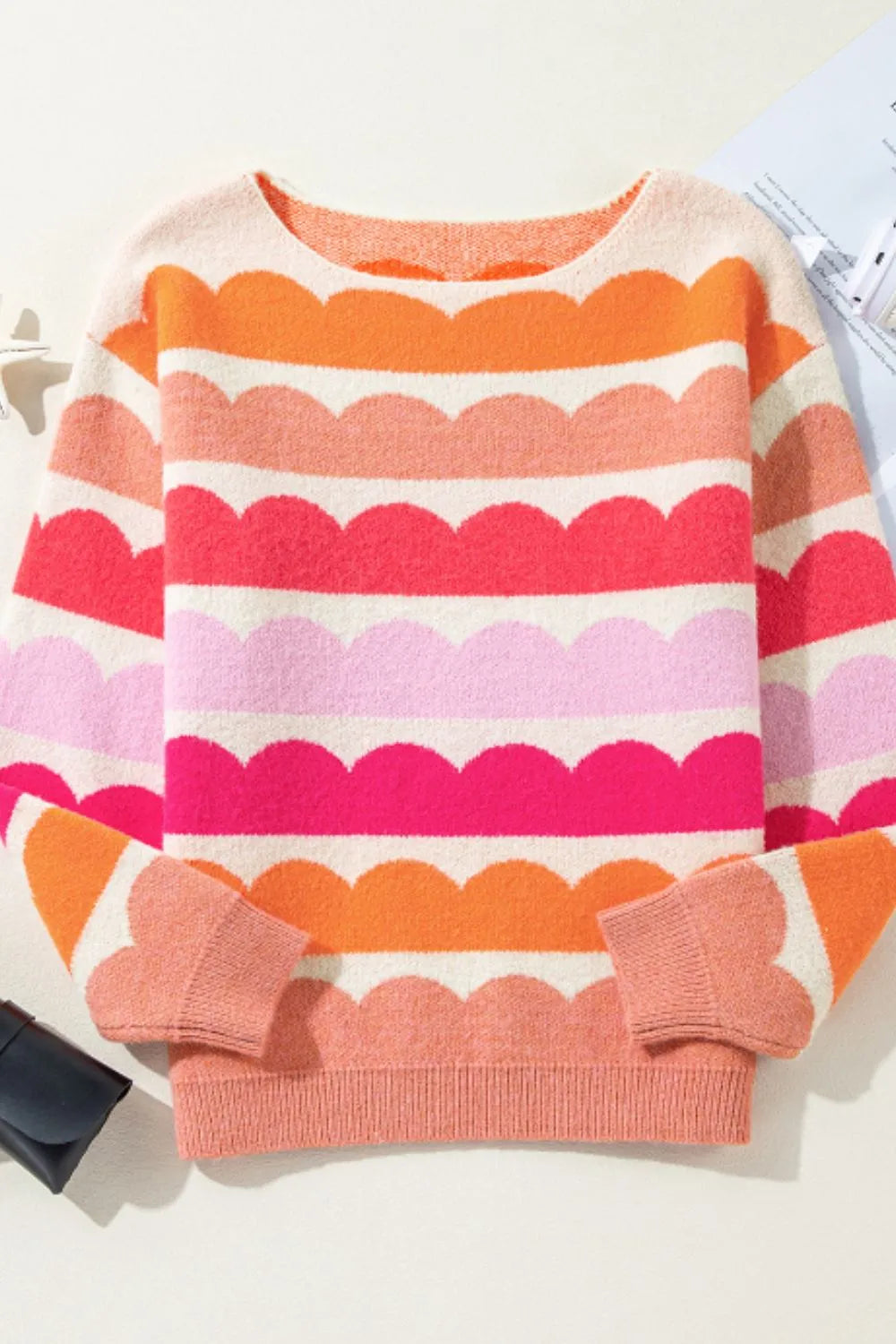 Contrast Boat Neck Long Sleeve Sweater - -
