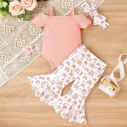 Solid Color Sling Off-shoulder Top Floral Bell-bottom Pants Suit- Baby Joy- {{Product type}}