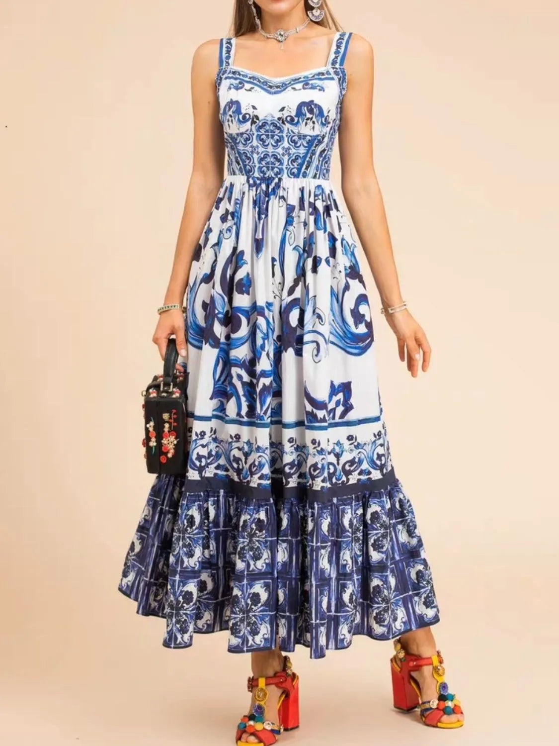 Smocked Printed Wide Strap Dress - -