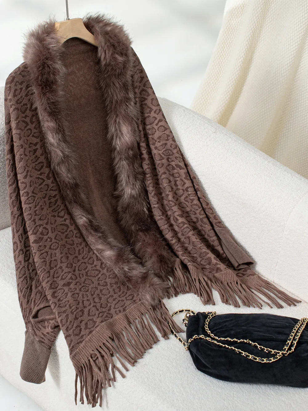Fringe Leopard Open Front Long Sleeve Poncho - Brown One Size -