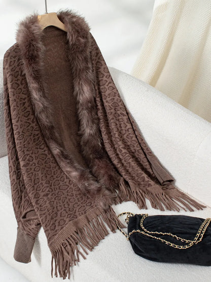 Fringe Leopard Open Front Long Sleeve Poncho - Brown One Size -