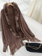 Fringe Leopard Open Front Long Sleeve Poncho - Brown One Size -