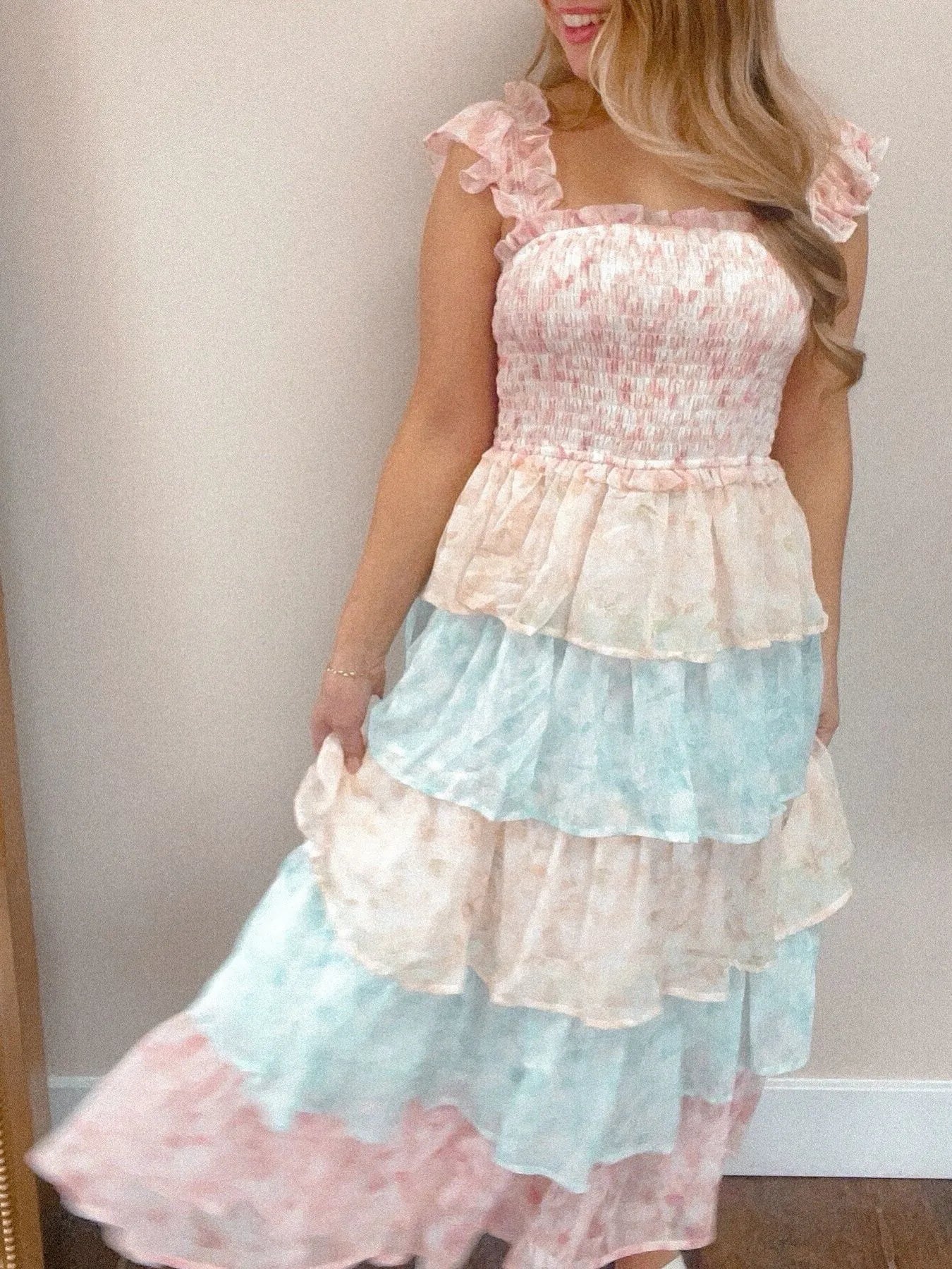 Smocked Ruffle Layered Floral Midi Dress - -