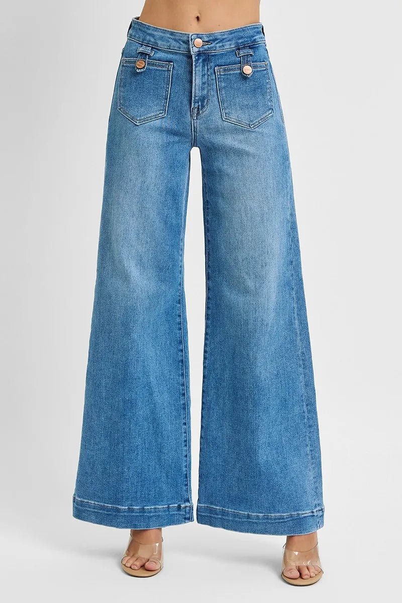 RISEN Light Blue Mid Rise Wide Front Patch Pocket Denim Jeans - - jeans