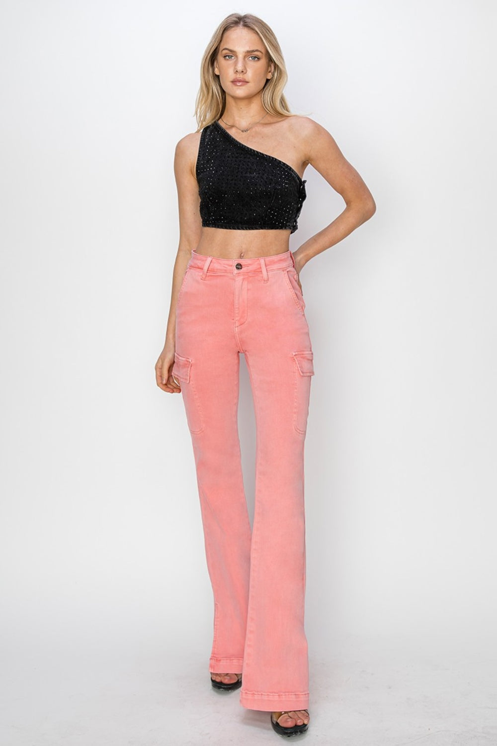 RISEN Pink Side Slit Cargo Bootcut Jeans - - jeans