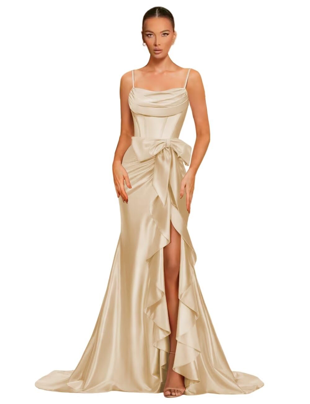 Champagne Satin Mermaid Prom Dress with Side Bow - Champagne 6 - dress