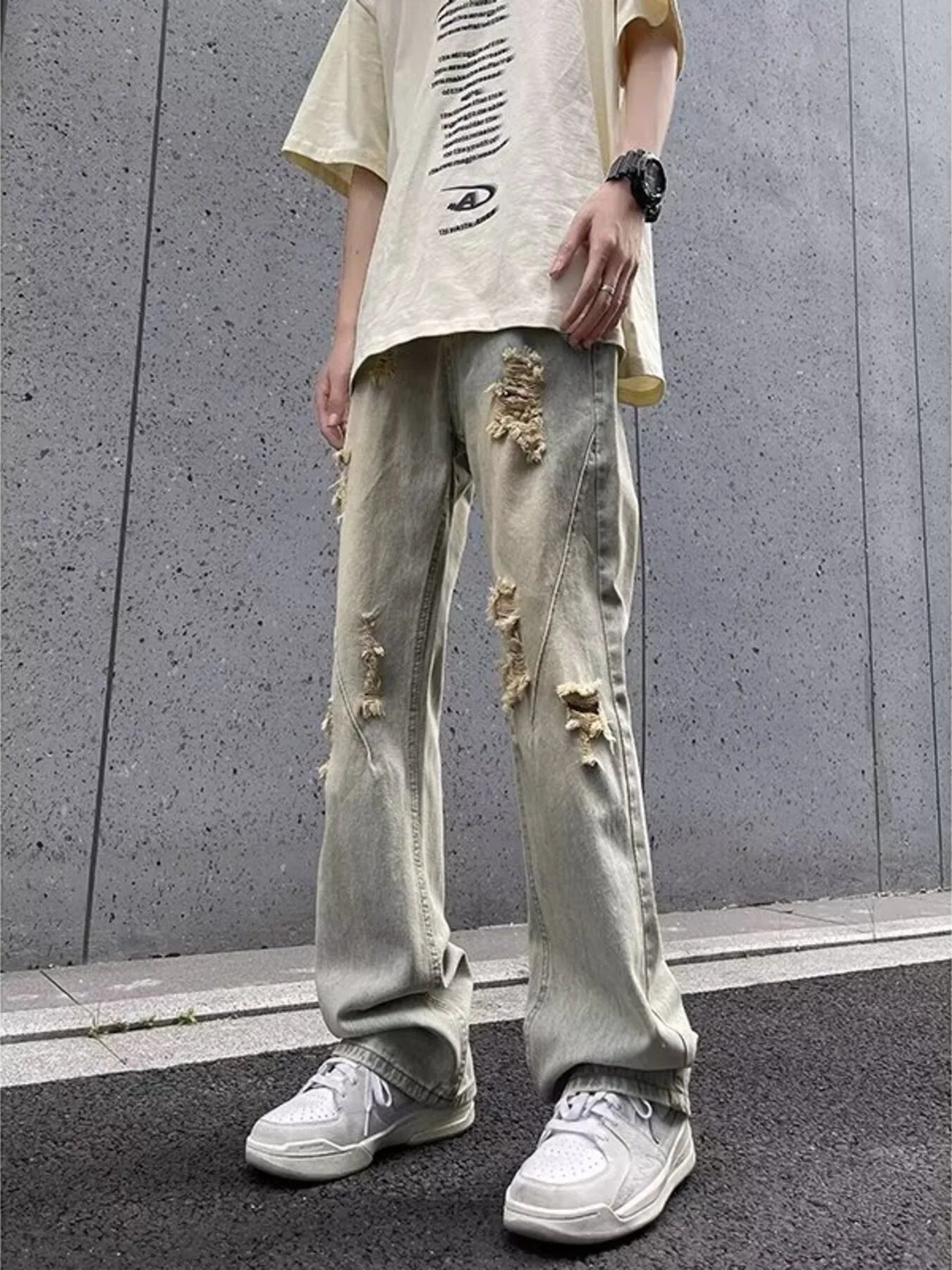 Men's Full Size Ripped Distressed Straight Leg Jeans Plus Size - -