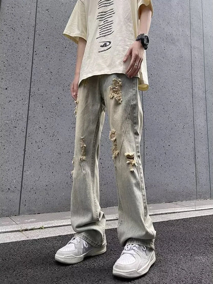 Men's Full Size Ripped Distressed Straight Leg Jeans Plus Size - -