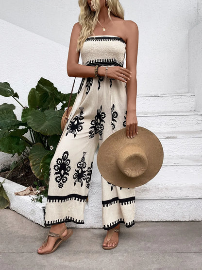 Smocked Printed Wide Leg Jumpsuit - -