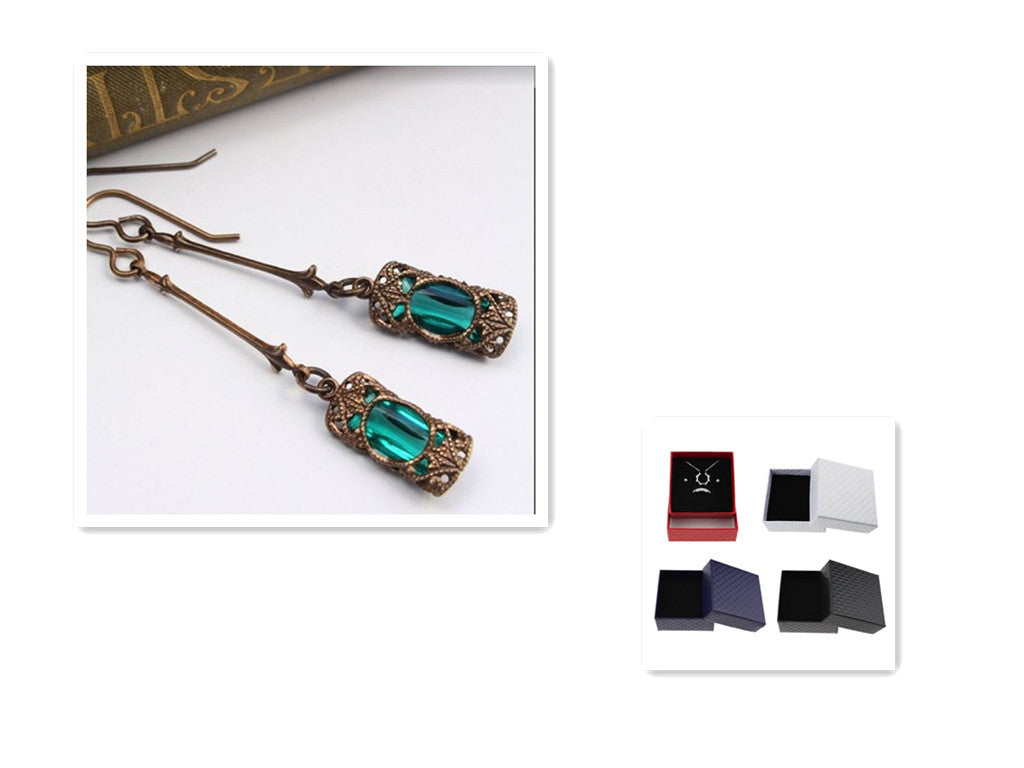 Long Vintage Gemstone Dangle Earrings in Antique Bronze - Green - earrings