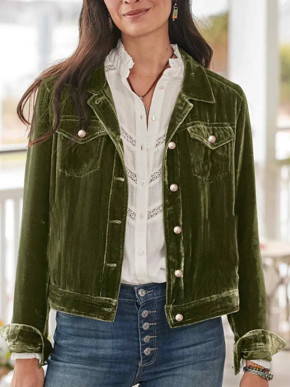 Button Up Long Sleeve Jacket with Chest Pockets - Dark Green -