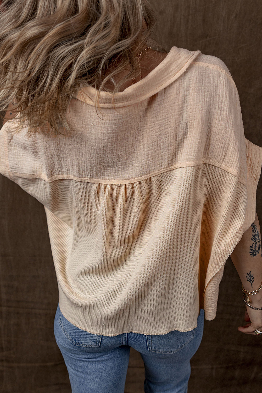 Beige Waffle Splicing Short Batwing Sleeve Flap Detail Shirt - - Tops/Blouses & Shirts