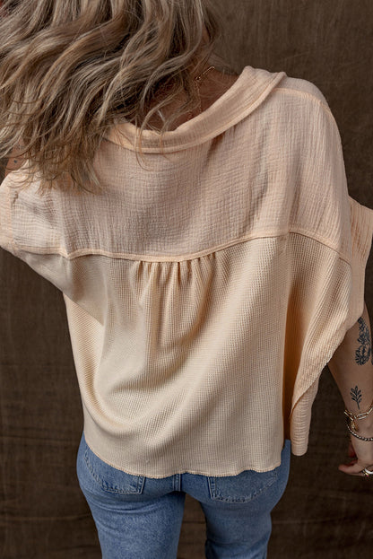 Beige Waffle Splicing Short Batwing Sleeve Flap Detail Shirt - - Tops/Blouses & Shirts