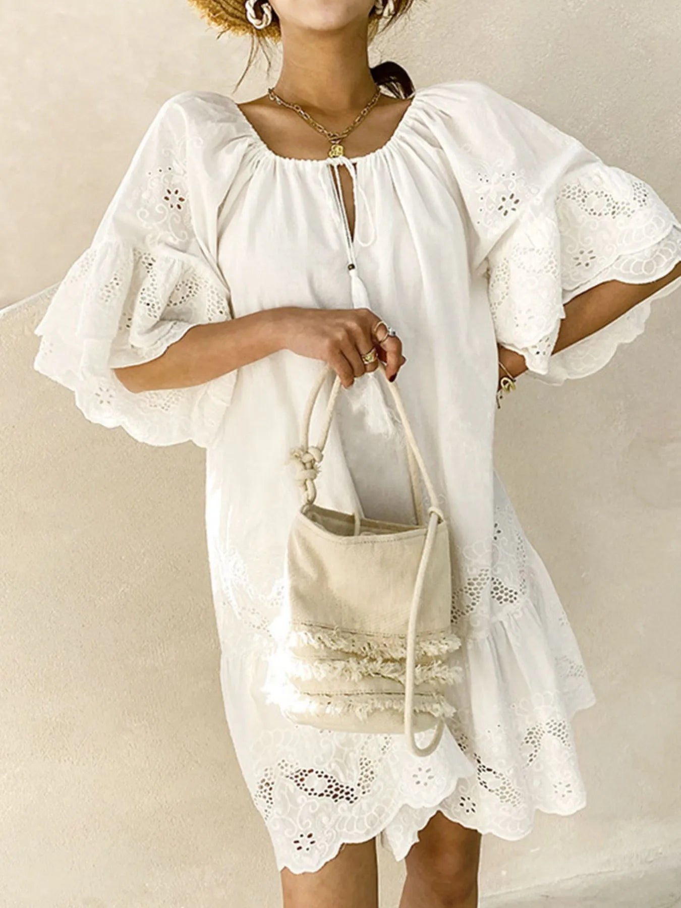 Eyelet Embroidered Tassel Tie Neck Dress - -