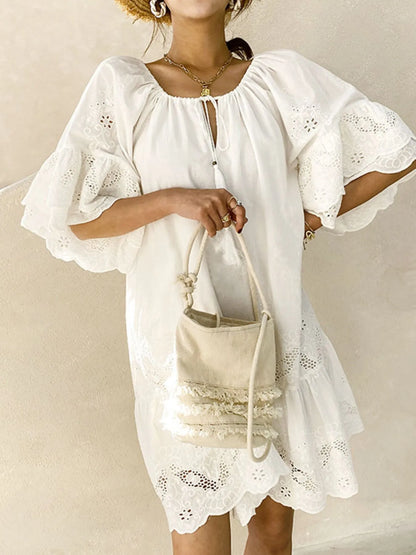 Eyelet Embroidered Tassel Tie Neck Dress - -
