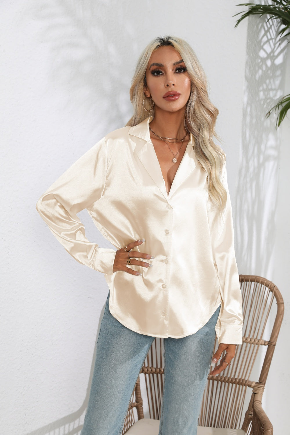 Lapel Collar Button Up Long Sleeve Shirt - -