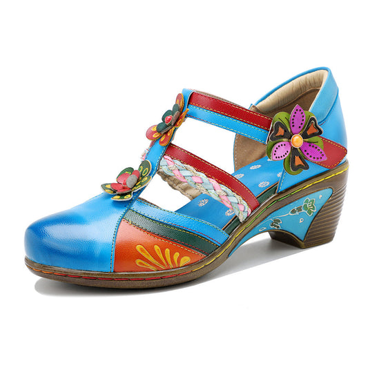 Retro Bright Flower Contrast Color Velcro Wedge - - 0