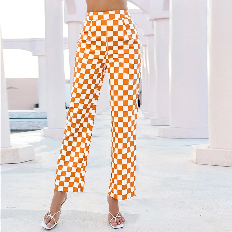 Women Double Crazy Checked Print Casual Pants