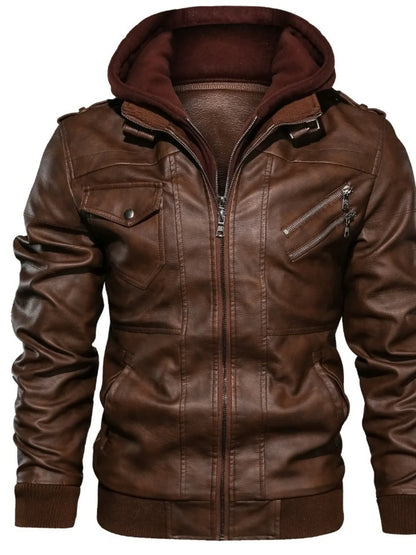 Men's Full Size Vintage Hooded Leather Jacket Plus Size - Brown -