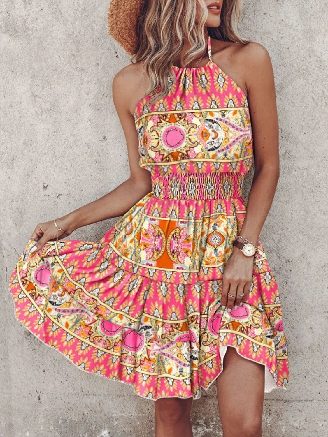 Paisley Print Halter Neck Mini Dress - Pink -