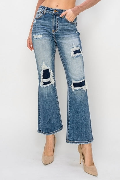 Risen Distressed Ankle Flare Blue Washed Denim Jeans - - jeans