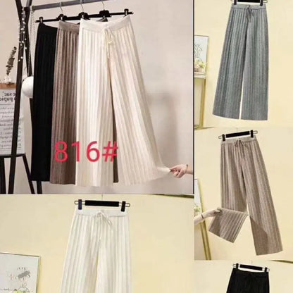 Ladies High Waist With Solid Color Loose Lace-Up Casual Knit Pants