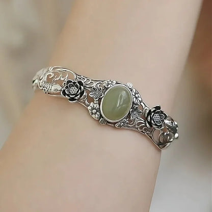 Hotan Green Jade Lotus & Koi Carved Bracelet - - Bracelets
